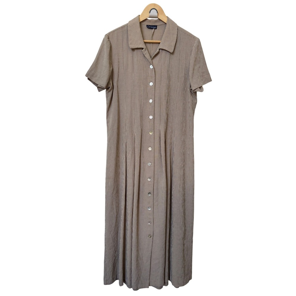 Carrina Belle Vintage Brown Gingham Maxi Shirtdress Short Sleeve Pleated Size L